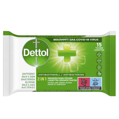 Sie sehen eine Packung Dettol Antibakteriell 2in1 Desinfektions-Tücher, Produktbild: 01 Dettol Antibakteriell 2in1 Desinfektions-Tücher, A-Nr.: 5361292 - 01