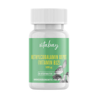 Sie sehen eine Packung Vitabay Vitamin B12 Depot 5000 μg Lutschtabletten, Produktbild: 01 Vitabay Vitamin B12 Depot 5000 μg Lutschtabletten, A-Nr.: 5878440 - 01