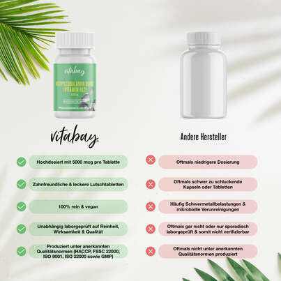 Sie sehen eine Packung Vitabay Vitamin B12 Depot 5000 μg Lutschtabletten, Produktbild: 02 Vitabay Vitamin B12 Depot 5000 μg Lutschtabletten, A-Nr.: 5878440 - 02