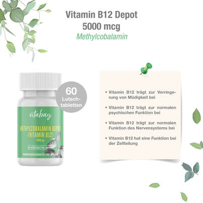 Sie sehen eine Packung Vitabay Vitamin B12 Depot 5000 μg Lutschtabletten, Produktbild: 05 Vitabay Vitamin B12 Depot 5000 μg Lutschtabletten, A-Nr.: 5878440 - 05