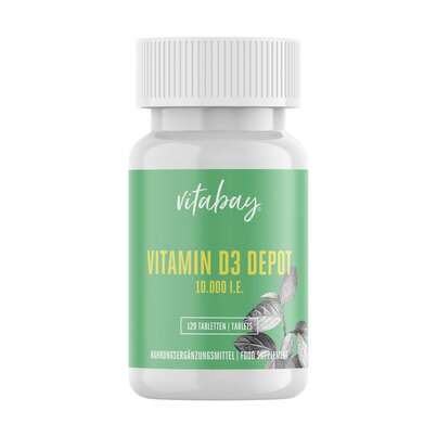Sie sehen eine Packung Vitabay Vitamin D3 Depot 10.000 I.E. Tabletten, Produktbild: 01 Vitabay Vitamin D3 Depot 10.000 I.E. Tabletten, A-Nr.: 5878345 - 01