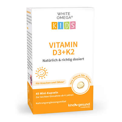Sie sehen eine Packung Vitamin D3+K2 für Kinder – zuckerfrei – 800 IE Vitamin D3 – mit 25 µg Vitamin K2 und 194 mg Omega-3 – 45 Mini-Kapseln (1,5 Monate), Produktbild: 01 Vitamin D3+K2 für Kinder – zuckerfrei – 800 IE Vitamin D3 – mit 25 µg Vitamin K2 und 194 mg Omega-3 – 45 Mini-Kapseln (1,5 Monate), A-Nr.: 5614190 - 01
