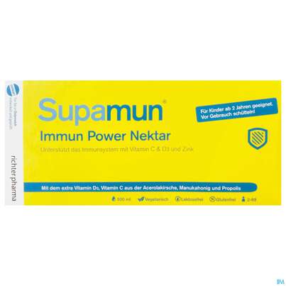 Sie sehen eine Packung Supamun Immun Powernektar Kids 500ml, Produktbild: 01 Supamun Immun Powernektar Kids 500ml, A-Nr.: 5197906 - 01