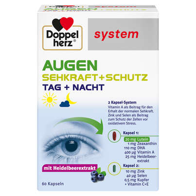 Sie sehen eine Packung Doppelherz system AUGEN SEHKRAFT + SCHUTZ - TAG + NACHT, Produktbild: 02 Doppelherz system AUGEN SEHKRAFT + SCHUTZ - TAG + NACHT, A-Nr.: 3448445 - 02