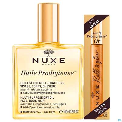 Sie sehen eine Packung Nuxe Huile Prodigieuse Multi-dry Oil 100ml +hpo Roll-on 8ml Grat 1st, Produktbild: 01 Nuxe Huile Prodigieuse Multi-dry Oil 100ml +hpo Roll-on 8ml Grat 1st, A-Nr.: 5796305 - 01
