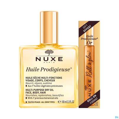 Sie sehen eine Packung Nuxe Huile Prodigieuse Multi-dry Oil 100ml +hpo Roll-on 8ml Grat 1st, Produktbild: 02 Nuxe Huile Prodigieuse Multi-dry Oil 100ml +hpo Roll-on 8ml Grat 1st, A-Nr.: 5796305 - 02