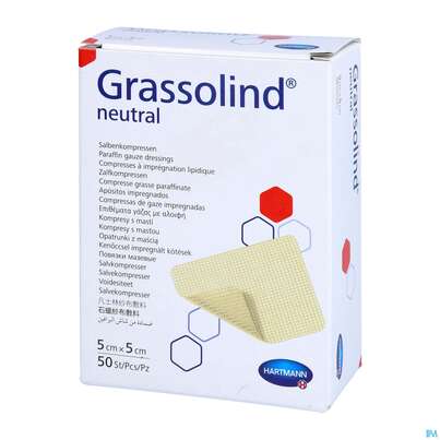 Sie sehen eine Packung Kompressen Grassolind Neutral Salbenkompresse Steril 5x 5cm 50st, Produktbild: 05 Kompressen Grassolind Neutral Salbenkompresse Steril 5x 5cm 50st, A-Nr.: 2368201 - 05