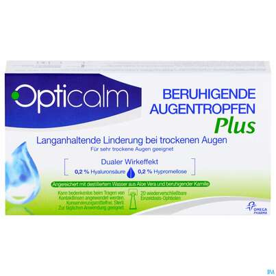 Sie sehen eine Packung Augentropfen Opticalm Beruhigend Plus Edo 0,5ml 20st, Produktbild: 01 Augentropfen Opticalm Beruhigend Plus Edo 0,5ml 20st, A-Nr.: 4031150 - 01