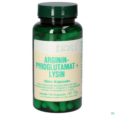 Sie sehen eine Packung Bios Argininpyroglutamat + Lysin 100 Kapseln, Produktbild: 02 Bios Argininpyroglutamat + Lysin 100 Kapseln, A-Nr.: 4247217 - 02