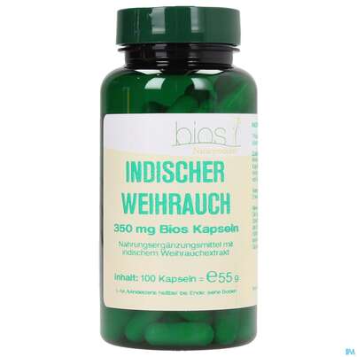 Sie sehen eine Packung Bios Indischer Weihrauch 350mg 100 Kapseln, Produktbild: 01 Bios Indischer Weihrauch 350mg 100 Kapseln, A-Nr.: 3891637 - 01