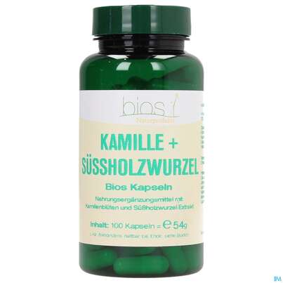 Sie sehen eine Packung Bios Kamillen + Süssholzwurzel 100 Kapseln, Produktbild: 01 Bios Kamillen + Süssholzwurzel 100 Kapseln, A-Nr.: 3891755 - 01