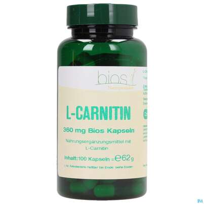 Sie sehen eine Packung Bios l-carnitin 360mg 100 Kapseln, Produktbild: 01 Bios l-carnitin 360mg 100 Kapseln, A-Nr.: 3892016 - 01