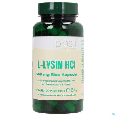 Sie sehen eine Packung Bios l-lysin Hcl 500mg 100 Kapseln, Produktbild: 01 Bios l-lysin Hcl 500mg 100 Kapseln, A-Nr.: 3892157 - 01