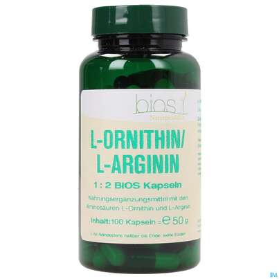 Sie sehen eine Packung Bios l-ornithin/l-arginin 1:2 100 Kapseln, Produktbild: 01 Bios l-ornithin/l-arginin 1:2 100 Kapseln, A-Nr.: 3892192 - 01