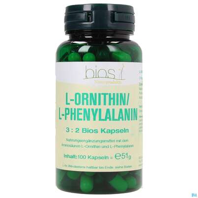 Sie sehen eine Packung Bios l-ornithin/l-phenylalanin 3:2 100 Kapseln, Produktbild: 01 Bios l-ornithin/l-phenylalanin 3:2 100 Kapseln, A-Nr.: 3892200 - 01