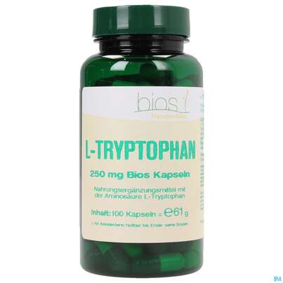 Sie sehen eine Packung Bios l-tryptophan 250mg 100 Kapseln, Produktbild: 01 Bios l-tryptophan 250mg 100 Kapseln, A-Nr.: 3892306 - 01