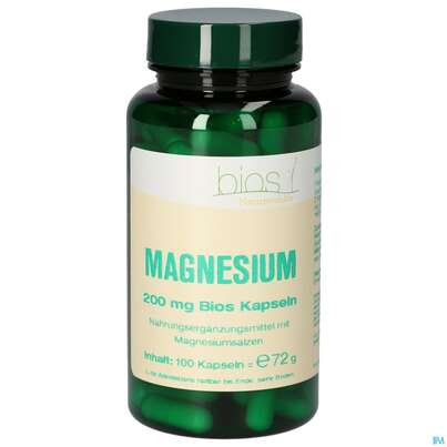 Sie sehen eine Packung Bios Magnesium 200mg 100 Kapseln, Produktbild: 01 Bios Magnesium 200mg 100 Kapseln, A-Nr.: 4334040 - 01
