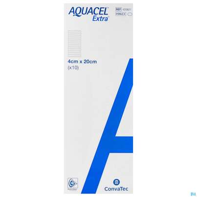 Sie sehen eine Packung Convatec Aquacel Extra 4x20 Cm, Produktbild: 01 Convatec Aquacel Extra 4x20 Cm, A-Nr.: 4154042 - 01