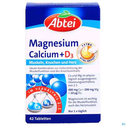 Sie sehen eine Packung Magnesium +calcium +d3 Tabl Abtei 42st, Produktbild: 01 Magnesium +calcium +d3 Tabl Abtei 42st, A-Nr.: 2969254 - 01