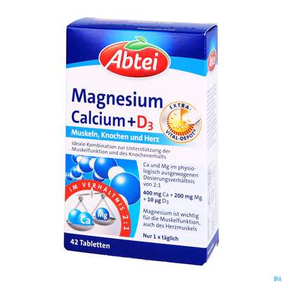 Sie sehen eine Packung Magnesium +calcium +d3 Tabl Abtei 42st, Produktbild: 02 Magnesium +calcium +d3 Tabl Abtei 42st, A-Nr.: 2969254 - 02