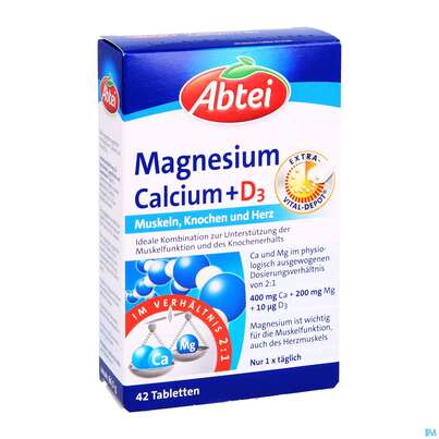 Sie sehen eine Packung Magnesium +calcium +d3 Tabl Abtei 42st, Produktbild: 03 Magnesium +calcium +d3 Tabl Abtei 42st, A-Nr.: 2969254 - 03