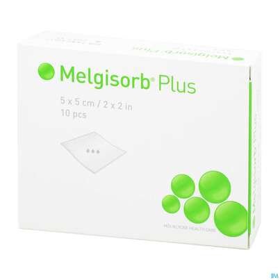 Sie sehen eine Packung Melgisorb Plus Steril 5x 5cm 10st, Produktbild: 04 Melgisorb Plus Steril 5x 5cm 10st, A-Nr.: 4245106 - 04