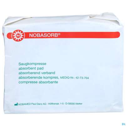 Sie sehen eine Packung Nobasorb Wundkompresse/unsteril 10x20cm 25st, Produktbild: 01 Nobasorb Wundkompresse/unsteril 10x20cm 25st, A-Nr.: 5478226 - 01