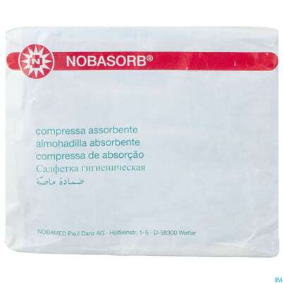 Sie sehen eine Packung Nobasorb Wundkompresse/unsteril 20x20cm 25st, Produktbild: 01 Nobasorb Wundkompresse/unsteril 20x20cm 25st, A-Nr.: 5478309 - 01