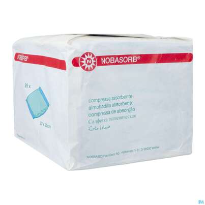 Sie sehen eine Packung Nobasorb Wundkompresse/unsteril 20x20cm 25st, Produktbild: 02 Nobasorb Wundkompresse/unsteril 20x20cm 25st, A-Nr.: 5478309 - 02