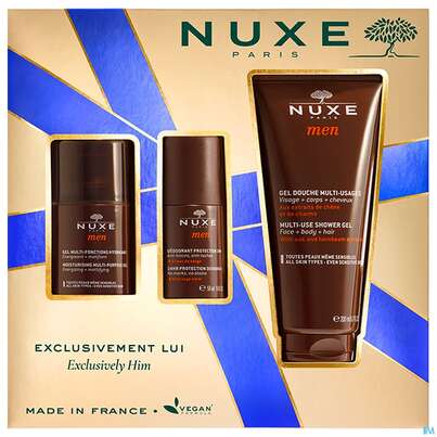Sie sehen eine Packung Nuxe Xmas/2023/exclusively Him Moist Purp Gel 50ml +deo 50ml +douche 200ml Men 1st, Produktbild: 01 Nuxe Xmas/2023/exclusively Him Moist Purp Gel 50ml +deo 50ml +douche 200ml Men 1st, A-Nr.: 5808847 - 01