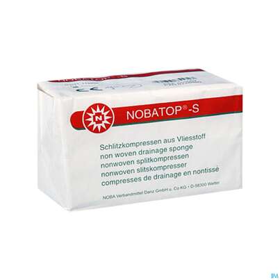 Sie sehen eine Packung Schlitzkompressen Nobatop S Steril 6fach, 5cm 2er-set 100st, Produktbild: 01 Schlitzkompressen Nobatop S Steril 6fach, 5cm 2er-set 100st, A-Nr.: 5478054 - 01