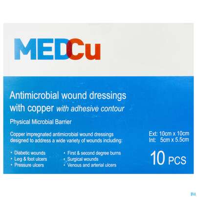 Sie sehen eine Packung Wundverband +kupferoxid Medcu 10x10cm 5x5cm Innen 2c-05 10st, Produktbild: 01 Wundverband +kupferoxid Medcu 10x10cm 5x5cm Innen 2c-05 10st, A-Nr.: 5343377 - 01