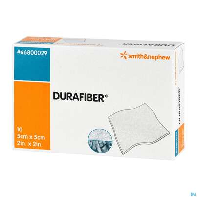 Sie sehen eine Packung Wundverband Durafiber/gelbildend 5x 5cm 10st, Produktbild: 02 Wundverband Durafiber/gelbildend 5x 5cm 10st, A-Nr.: 3815961 - 02