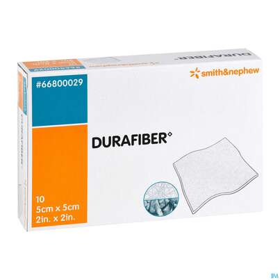 Sie sehen eine Packung Wundverband Durafiber/gelbildend 5x 5cm 10st, Produktbild: 03 Wundverband Durafiber/gelbildend 5x 5cm 10st, A-Nr.: 3815961 - 03