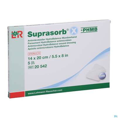 Sie sehen eine Packung Suprasorb X-phmb Hydrobalance Wundverband Antimikrobiell 14x 20cm 5st, Produktbild: 03 Suprasorb X-phmb Hydrobalance Wundverband Antimikrobiell 14x 20cm 5st, A-Nr.: 3065201 - 03