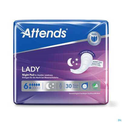Sie sehen eine Packung Inkontinenz Attends Einlagen/vorlage Lady Night Pad 6 30st, Produktbild: 01 Inkontinenz Attends Einlagen/vorlage Lady Night Pad 6 30st, A-Nr.: 5630007 - 01