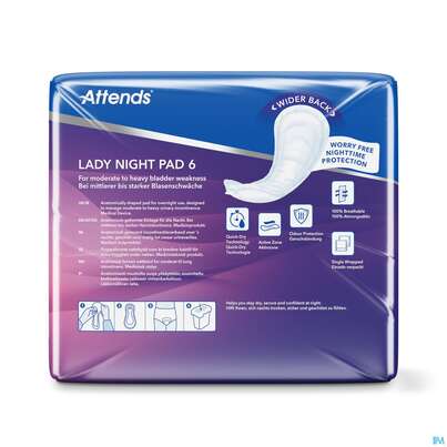 Sie sehen eine Packung Inkontinenz Attends Einlagen/vorlage Lady Night Pad 6 30st, Produktbild: 04 Inkontinenz Attends Einlagen/vorlage Lady Night Pad 6 30st, A-Nr.: 5630007 - 04
