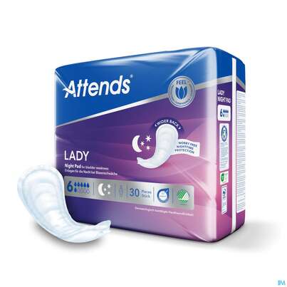 Sie sehen eine Packung Inkontinenz Attends Einlagen/vorlage Lady Night Pad 6 30st, Produktbild: 06 Inkontinenz Attends Einlagen/vorlage Lady Night Pad 6 30st, A-Nr.: 5630007 - 06