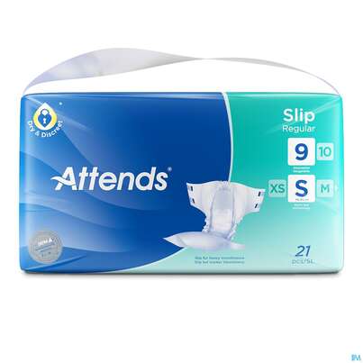 Sie sehen eine Packung Inkontinenz Attends Slip Regular S 9 21st, Produktbild: 01 Inkontinenz Attends Slip Regular S 9 21st, A-Nr.: 4518254 - 01