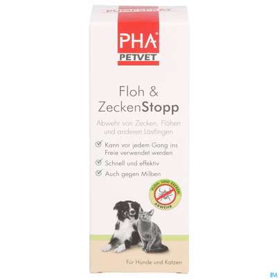 Sie sehen eine Packung Veterinaerprodukte Pha Floh +zecken Stop F Hunde +katzen Neu 100ml, Produktbild: 01 Veterinaerprodukte Pha Floh +zecken Stop F Hunde +katzen Neu 100ml, A-Nr.: 5199905 - 01