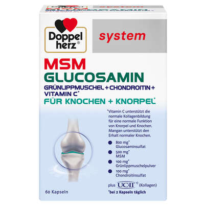Sie sehen eine Packung Doppelherz system MSM GLUCOSAMIN - GRÜNLIPPMUSCHEL + CHONDROITIN + VITAMIN C, Produktbild: 01 Doppelherz system MSM GLUCOSAMIN - GRÜNLIPPMUSCHEL + CHONDROITIN + VITAMIN C, A-Nr.: 5679410 - 01