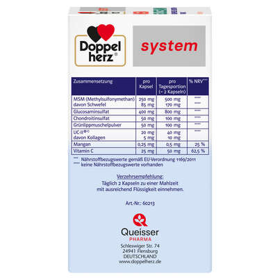 Sie sehen eine Packung Doppelherz system MSM GLUCOSAMIN - GRÜNLIPPMUSCHEL + CHONDROITIN + VITAMIN C, Produktbild: 03 Doppelherz system MSM GLUCOSAMIN - GRÜNLIPPMUSCHEL + CHONDROITIN + VITAMIN C, A-Nr.: 5679410 - 03