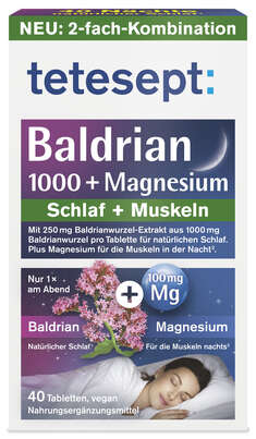 Sie sehen eine Packung tetesept Baldrian 1000mg + Magnesium Tabletten 40 Stk, Produktbild: 01 tetesept Baldrian 1000mg + Magnesium Tabletten 40 Stk, A-Nr.: 5954307 - 01