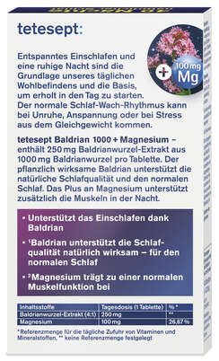 Sie sehen eine Packung tetesept Baldrian 1000mg + Magnesium Tabletten 40 Stk, Produktbild: 03 tetesept Baldrian 1000mg + Magnesium Tabletten 40 Stk, A-Nr.: 5954307 - 03