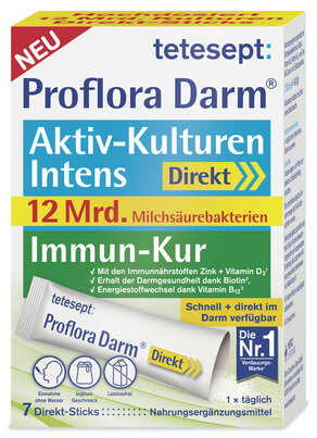 Sie sehen eine Packung Tetesept Proflora Darm Intens Direkt Sticks 7ST, Produktbild: 01 Tetesept Proflora Darm Intens Direkt Sticks 7ST, A-Nr.: 5830864 - 01
