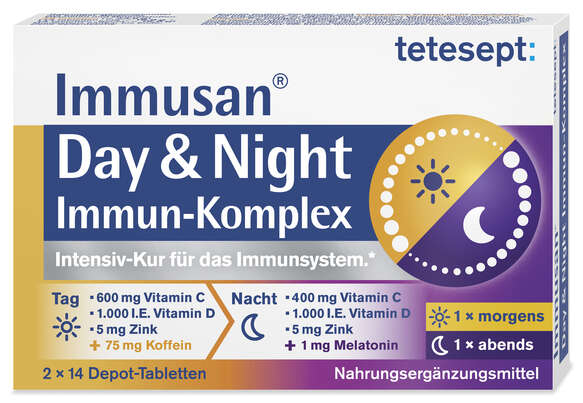 Sie sehen eine Packung TETESEPT Immusan Day & Night FTa 28ST, Produktbild: 01 TETESEPT Immusan Day & Night FTa 28ST, A-Nr.: 5882430 - 01