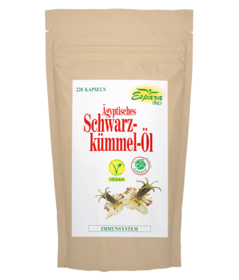 Sie sehen eine Packung Schwarzkümmel-Öl Bio Kapseln 220 Stück, Produktbild: 01 Schwarzkümmel-Öl Bio Kapseln 220 Stück, A-Nr.: 5581355 - 01