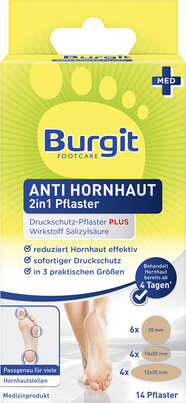 Sie sehen eine Packung Burgit Anti Hornhaut Pflaster 14 Stück, Produktbild: 01 Burgit Anti Hornhaut Pflaster 14 Stück, A-Nr.: 5664756 - 01