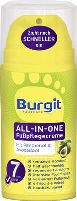 Sie sehen eine Packung Burgit All-In-One Fußpflegecreme 100ml, Produktbild: 01 Burgit All-In-One Fußpflegecreme 100ml, A-Nr.: 4344073 - 01