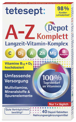 Sie sehen eine Packung TETESEPT Vitamin A-Z Depot FTA 40ST, Produktbild: 01 TETESEPT Vitamin A-Z Depot FTA 40ST, A-Nr.: 5431934 - 01